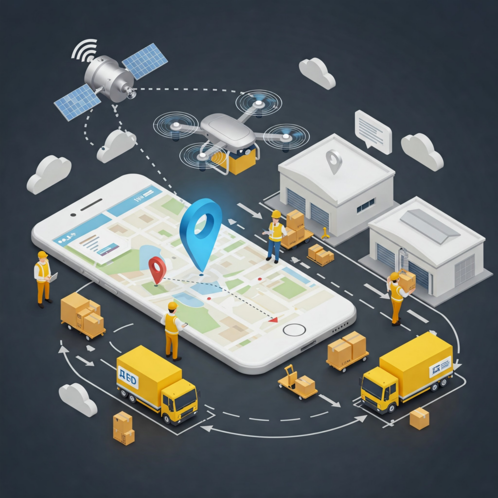 Futuristic logistics and delivery system visualized with a smartphone, drone, satellite, trucks, and warehouses