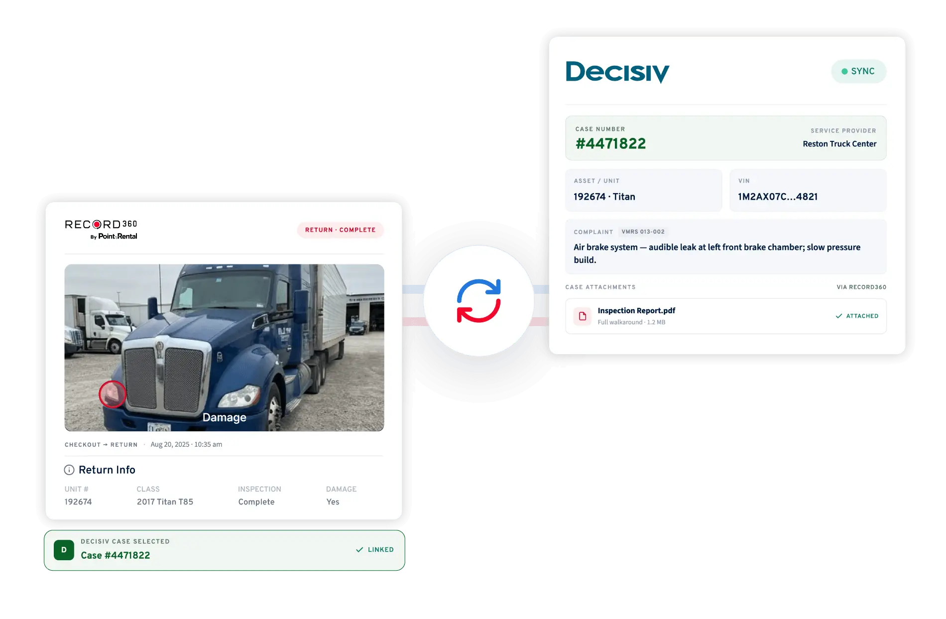 Record360 inspection attached inside Decisiv Case