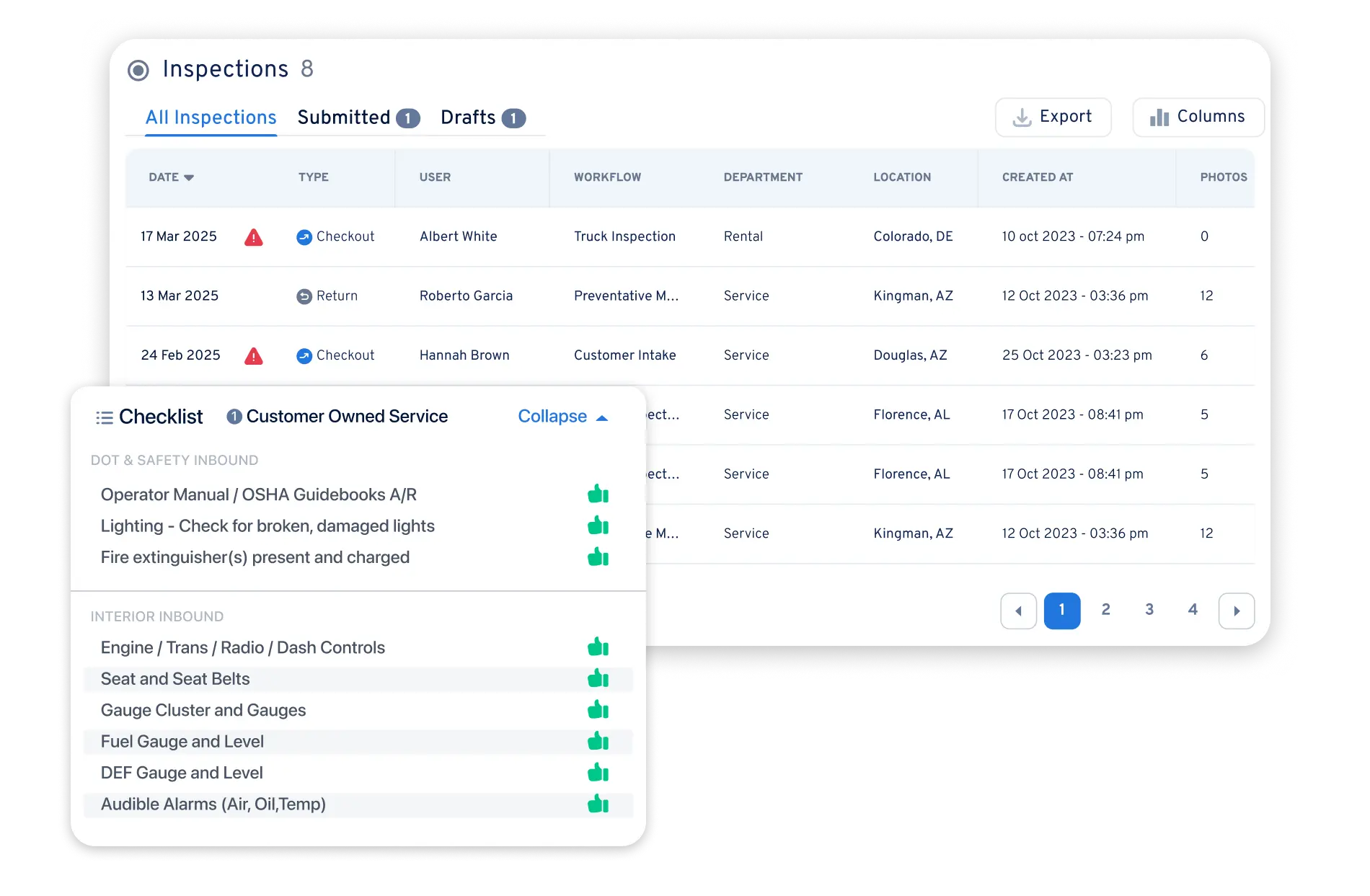 Record360 inspection workflow showing truck check-out and damage tracking