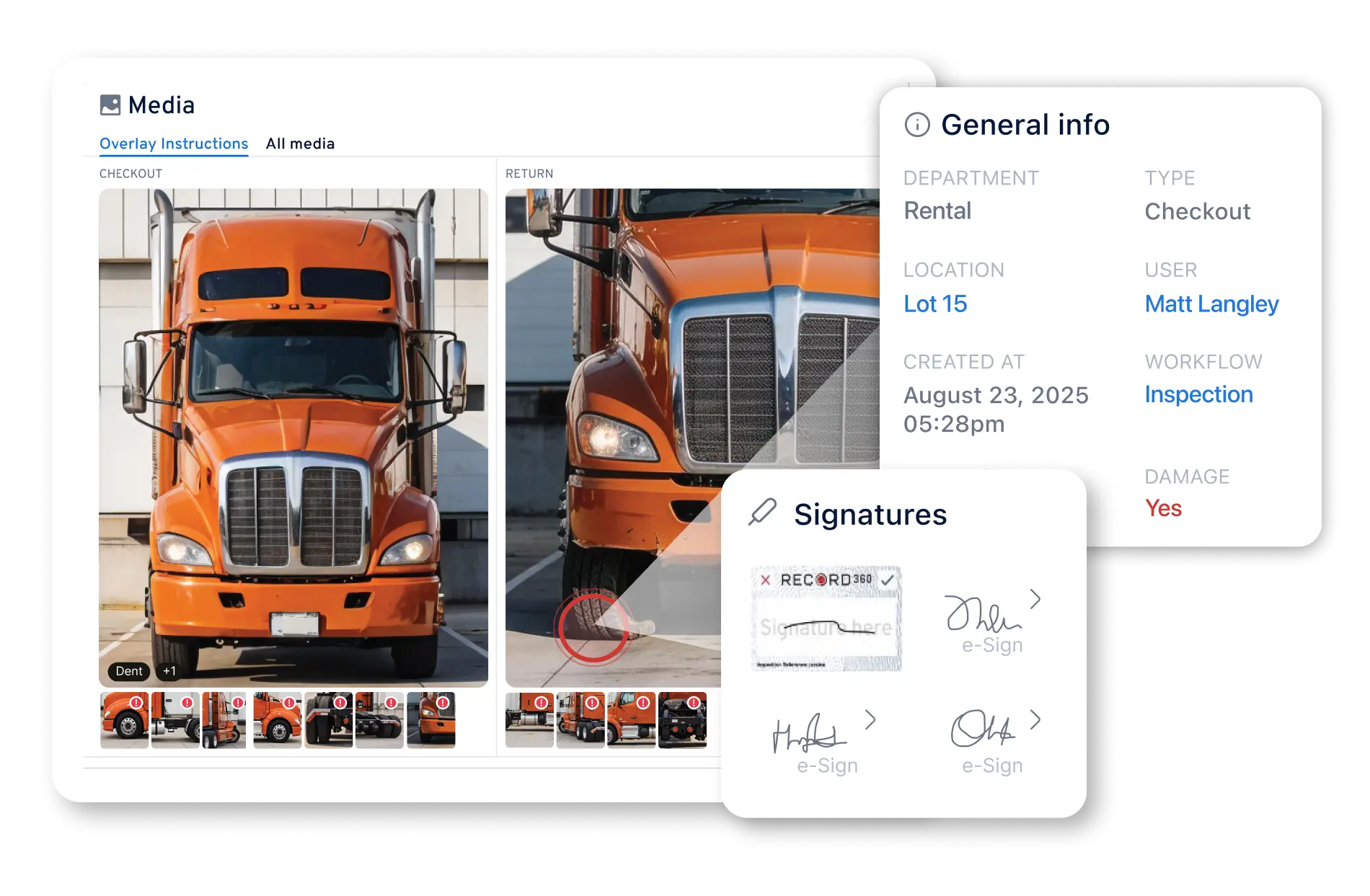 Record360 fleet inspection dashboard showing check-out and damage workflows